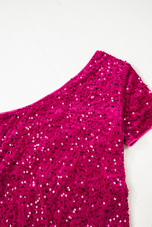 Sequin One Shoulder Thigh High Slit Bodycon Gown